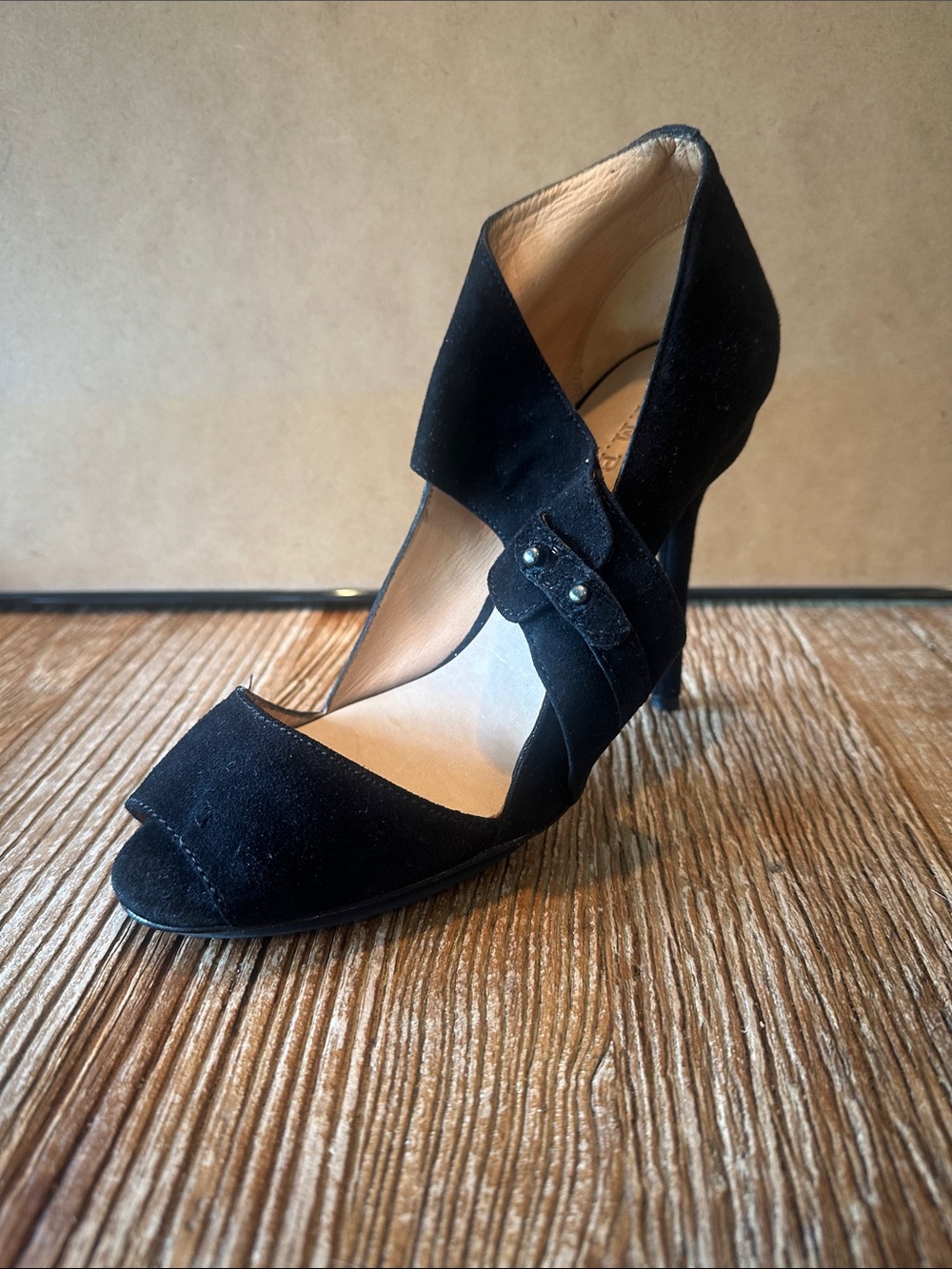 L.A.M.B. Black Suede Open-Toe D'Orsay Heel with Wrap Accent